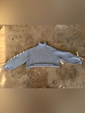 Lizard Thicket Blue Mock Neck Sweater with Ribbon Sleeve Detail